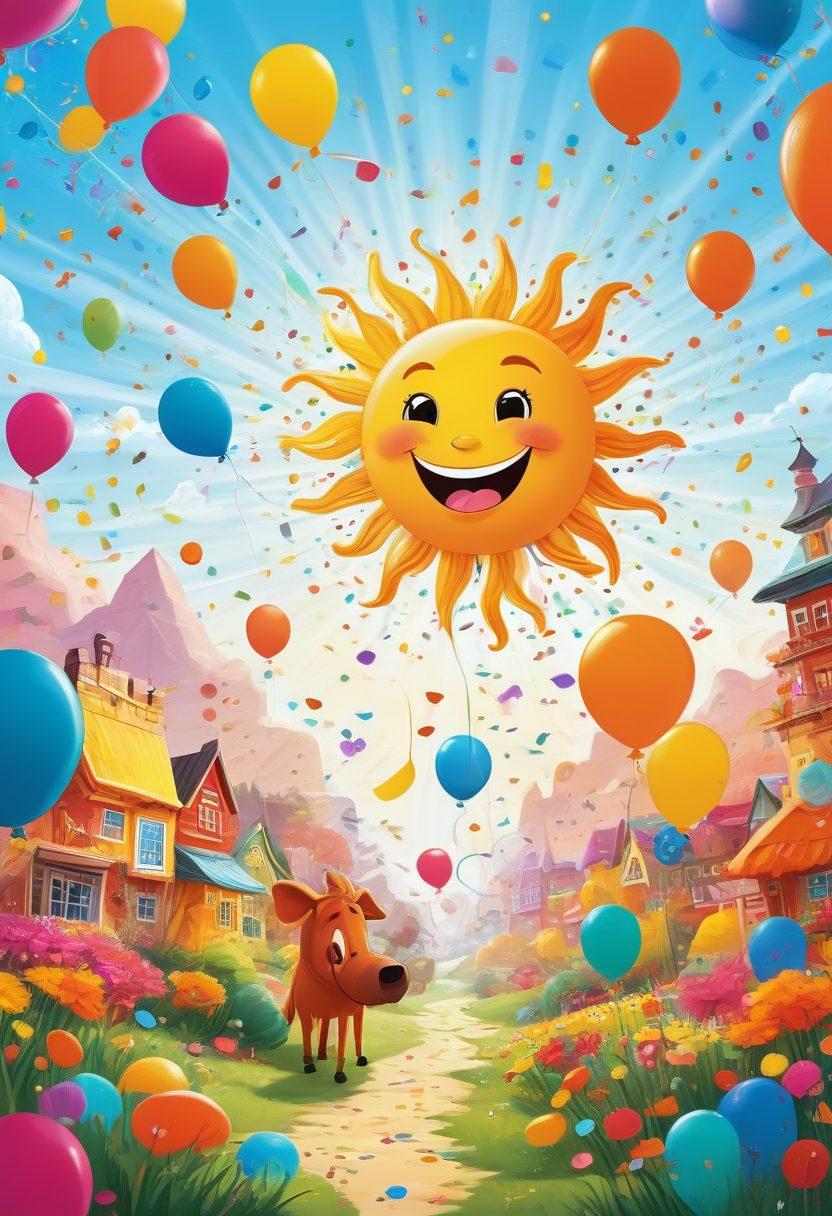 A whimsical illustration showcasing a vibrant, colorful digital landscape filled with humorous website icons and funny character mascots interacting joyfully. Bright abstract details representing laughter and amusement, including exaggerated expressions and playful elements like confetti and balloons. A cartoon-style sun shining down, emphasizing a cheerful atmosphere. vivid colors. playful cartoon design.