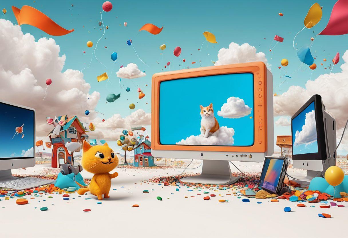 A whimsical digital collage featuring a surreal landscape of vibrant, quirky websites personified as quirky characters; a laughing cloud, a dancing cat, and a giant computer monitor with a smiling face, all amidst colorful buttons and links floating in the air. The backdrop should be bright and cheerful, symbolizing the joy of online exploration. playful cartoon style. vibrant colors. white background.