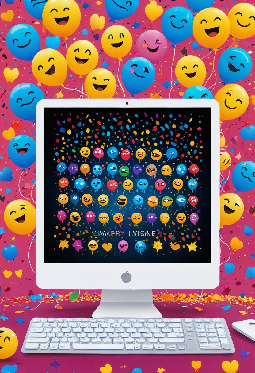 A whimsical illustration of a computer screen showcasing a vibrant digital stage filled with colorful emojis, overflowing with laughter and excitement. Characters of diverse backgrounds engaging in humorous discussions and sharing jokes, surrounded by speech bubbles bursting with witty quips. The backdrop features playful elements like confetti and balloons, creating an atmosphere of fun and entertainment. Vector art. Bright colors. Cheerful ambiance.